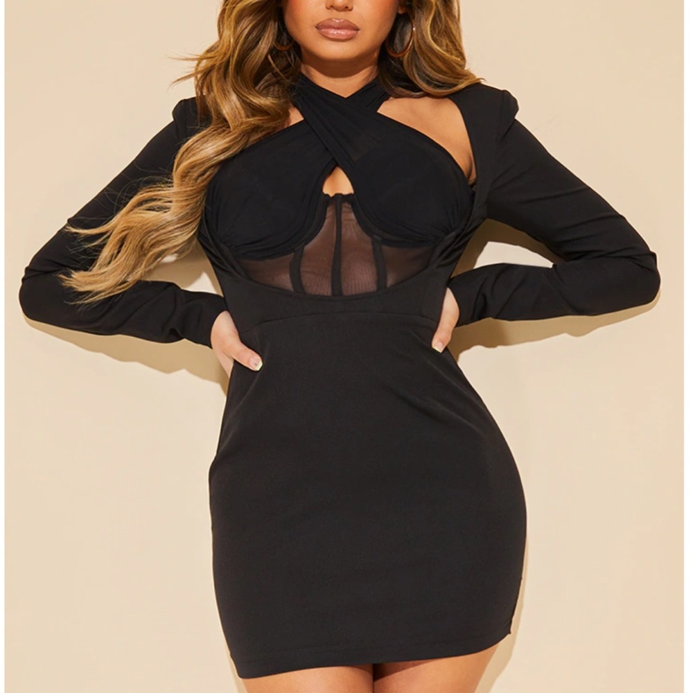 PrettyLittleThing Black Corset Cross Front Dress Bodycon